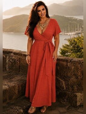 Salmon colored, textured, maxi wrap dress- size 12